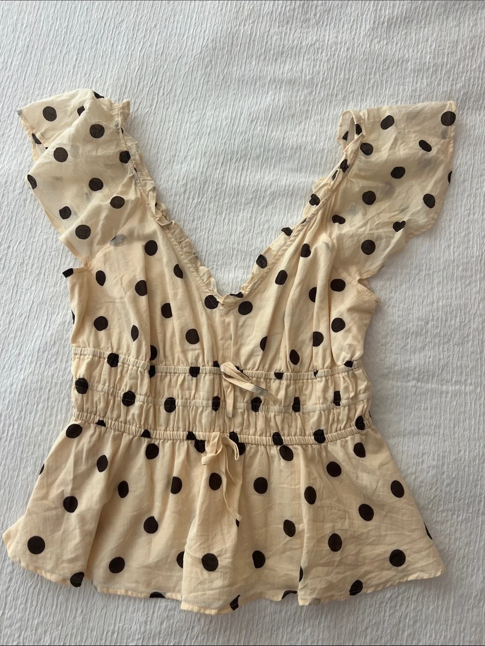 Polka Dot Ruffle Sleeve Cream Blouse